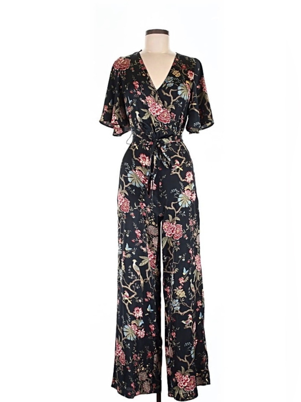 Floral Wrap Jumpsuit - Black with Pink Floral